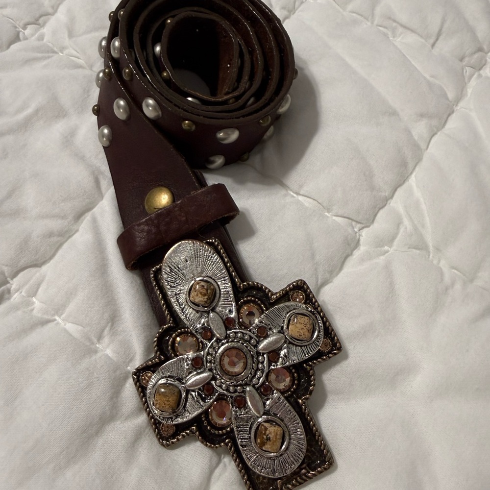 Brown Leather Belt with Silver Cross Buckle